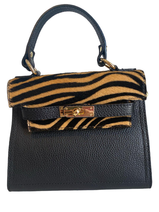 Maria Zebra Black- Beige Leather Handbag