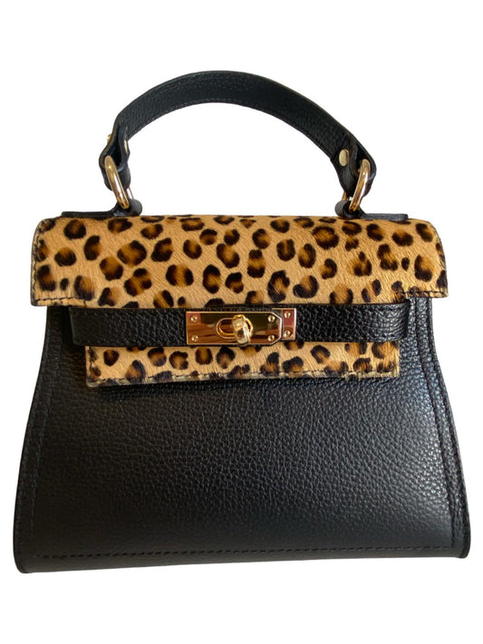 Maria Leopard Black Leather Handbag