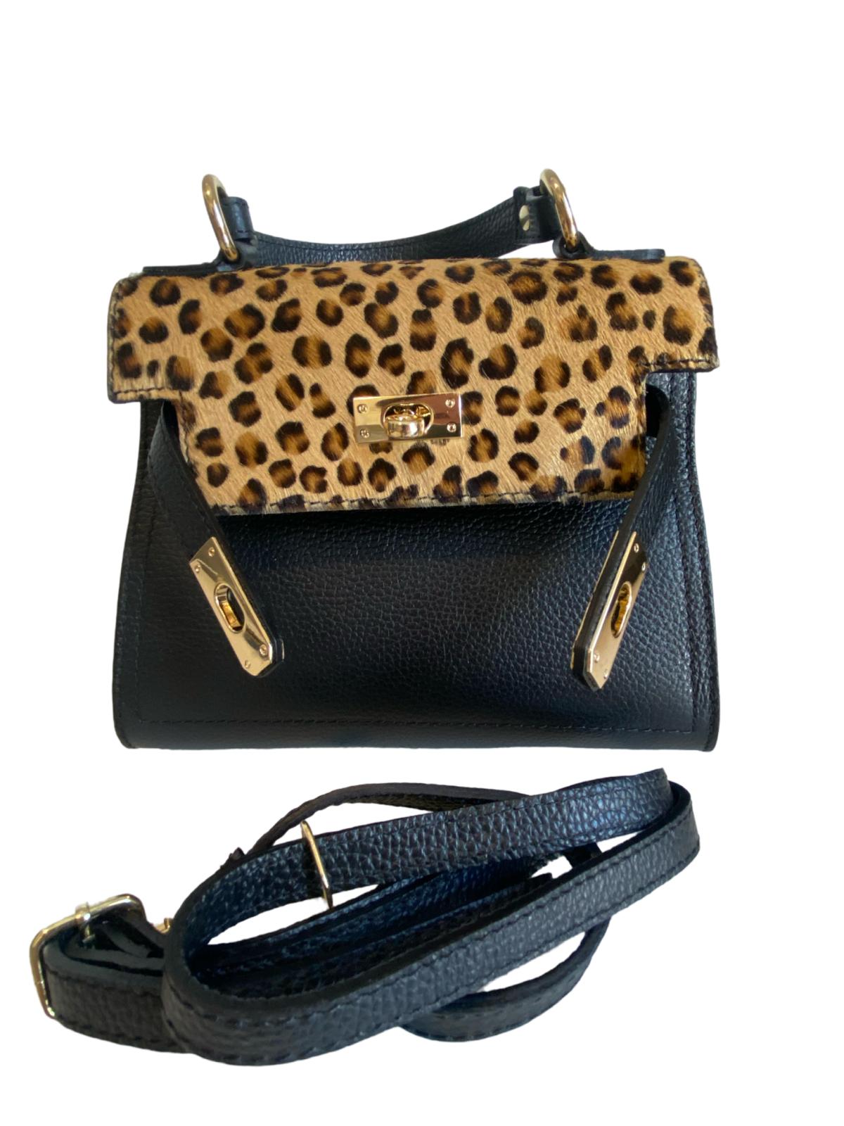 Maria Leopard Black Leather Handbag