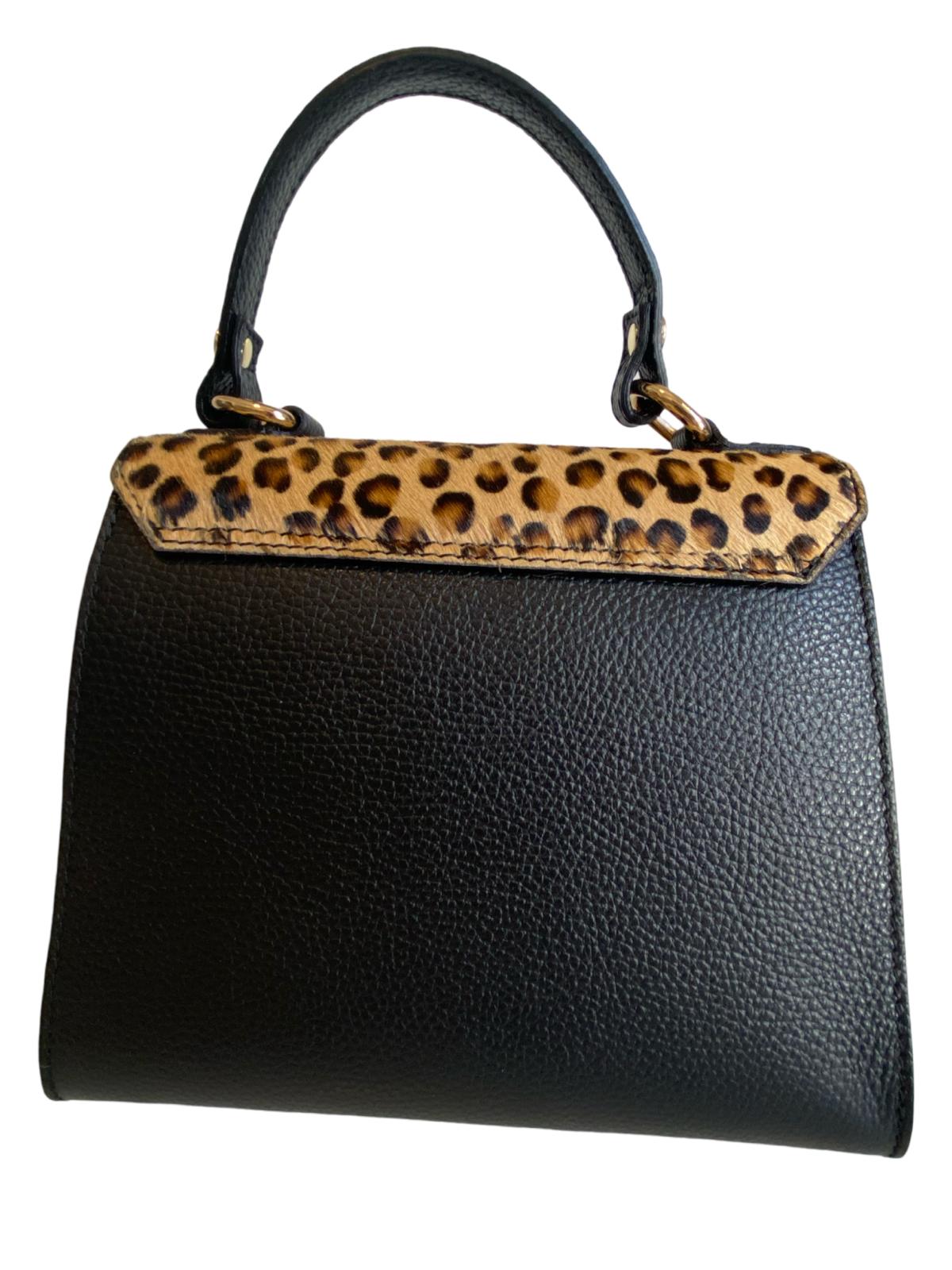 Maria Leopard Black Leather Handbag